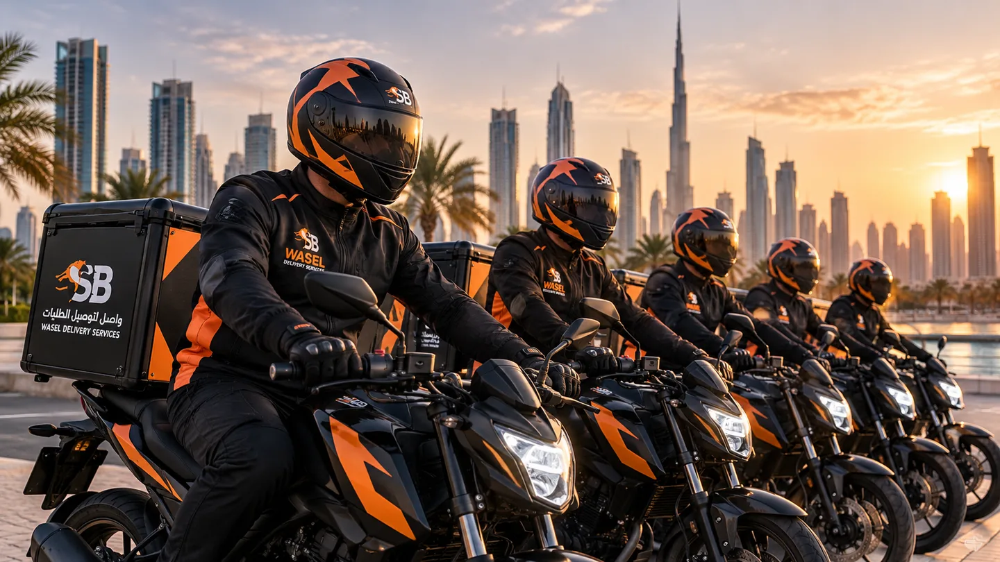 Wasel delivery riders and motorcycles lined up in Dubai